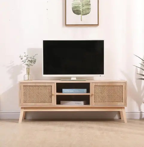 SUPERJARE Boho TV Stand For 55 Inch TV, Entertainment Center With Adjustable Shelf,Real Rattan TV Console With 2 Cabinets, Media Console, Solid Wood Feet, 2 Cord Holes, For Living Room - Natural