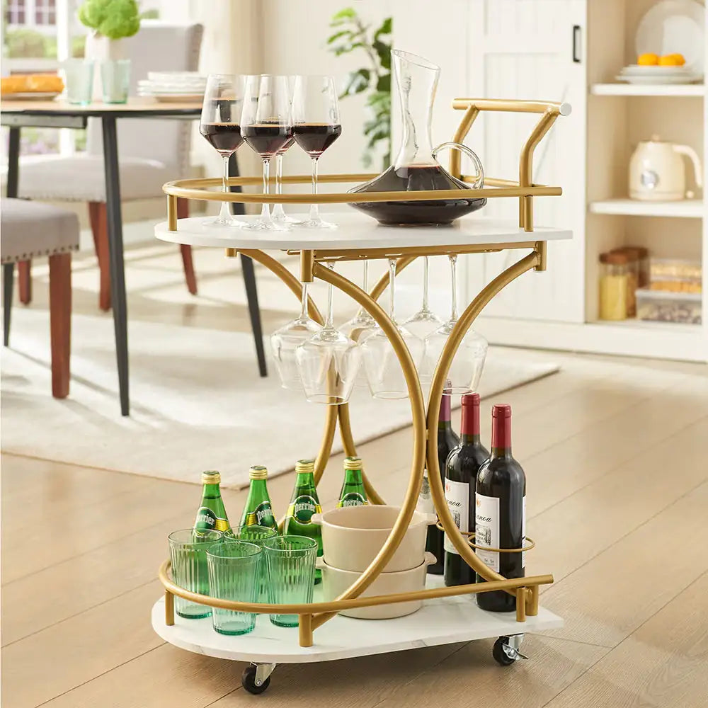 2-Tier Bar Cart With Wine Rack & Glass Holder