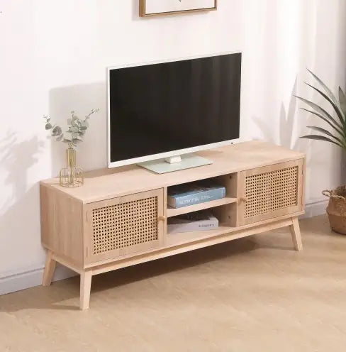 SUPERJARE Boho TV Stand For 55 Inch TV, Entertainment Center With Adjustable Shelf,Real Rattan TV Console With 2 Cabinets, Media Console, Solid Wood Feet, 2 Cord Holes, For Living Room - Natural