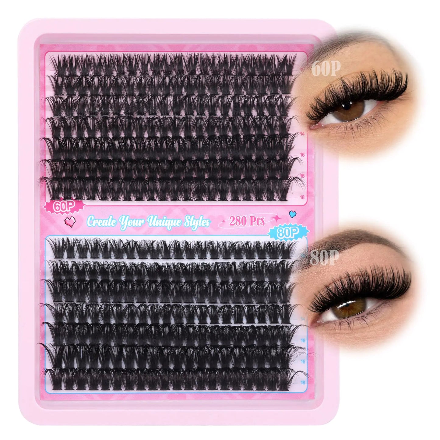 ALICE Eyelash Extensions Lash Clusters 280pcs 10-18MM Wispy Individual Lashes Fluffy Volume Mix 60D 80D D Curl Lash Extensions Self Application at Home G23-60D 80D