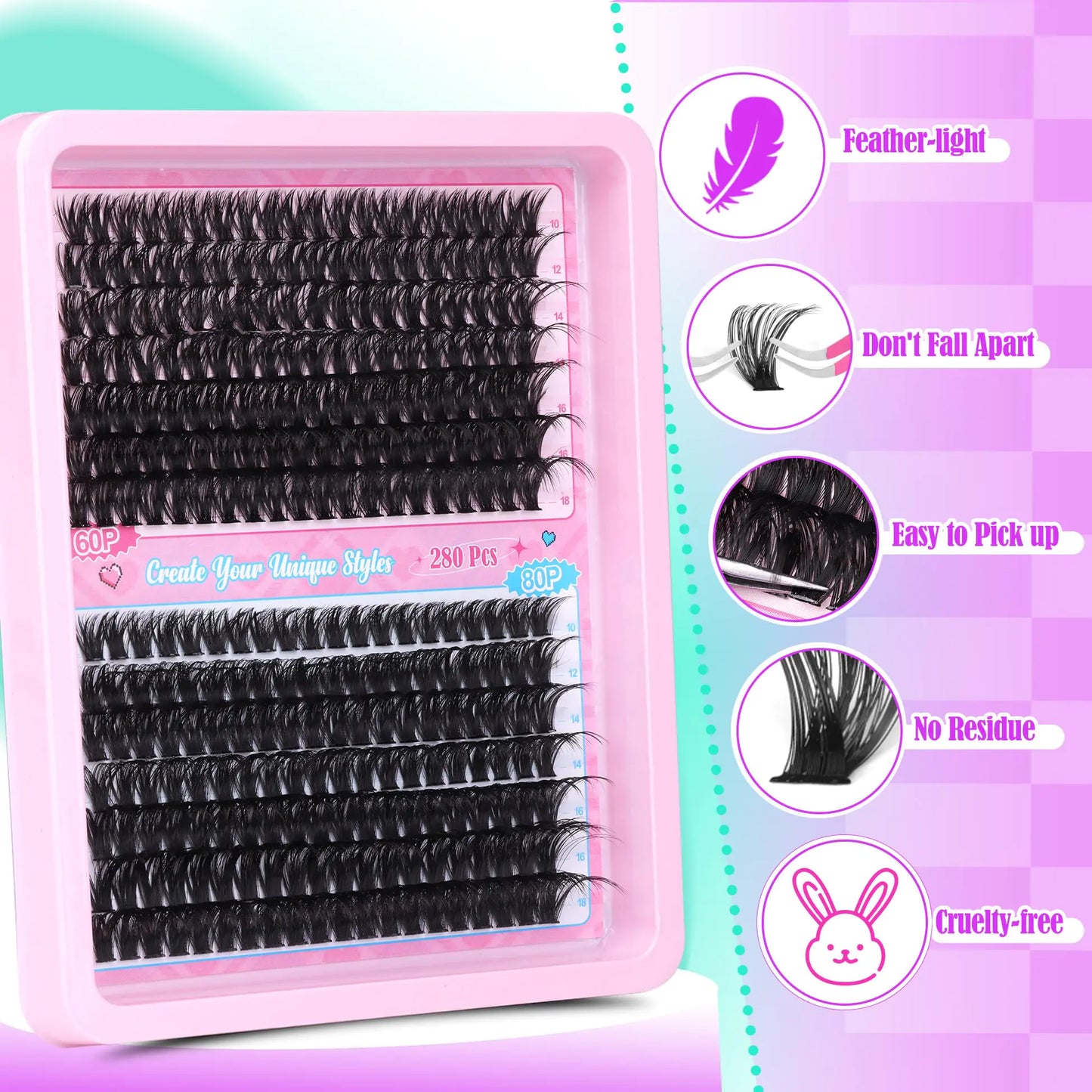 ALICE Eyelash Extensions Lash Clusters 280pcs 10-18MM Wispy Individual Lashes Fluffy Volume Mix 60D 80D D Curl Lash Extensions Self Application at Home G23-60D 80D