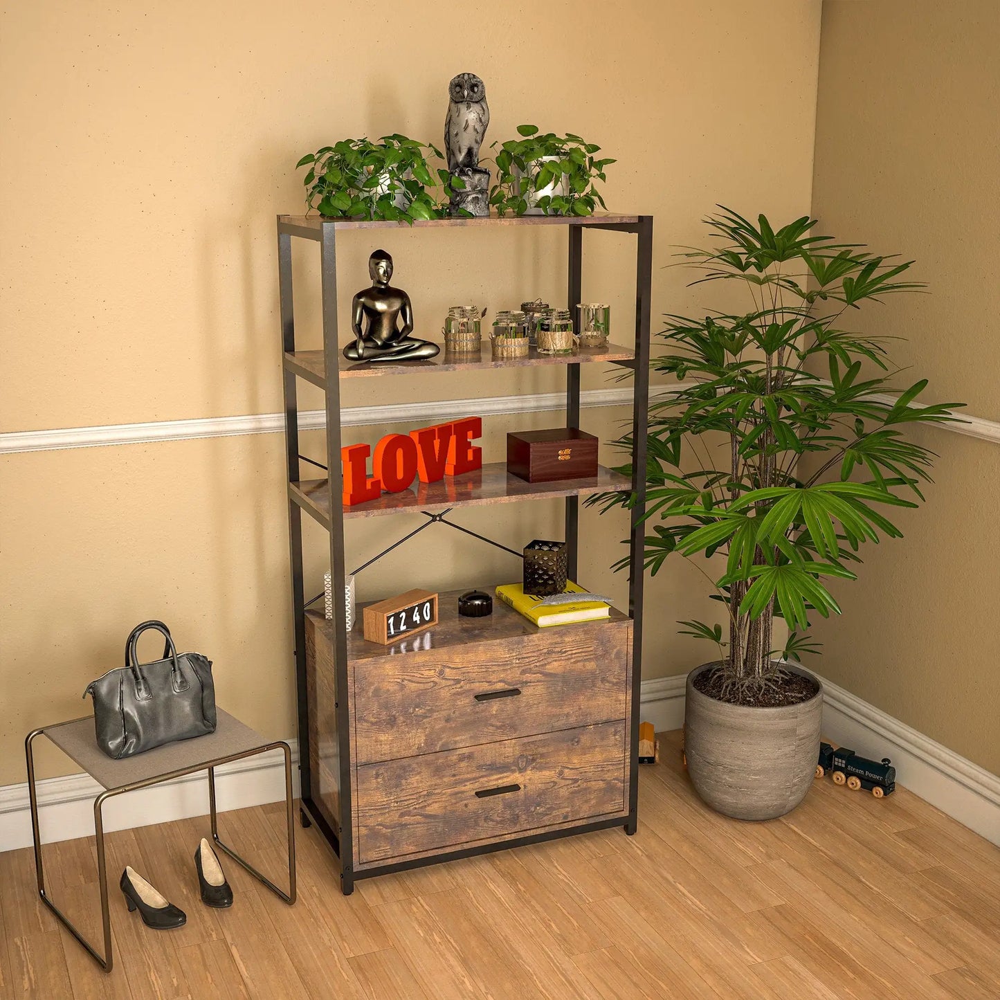 Industrial Bookcase With File Cabinet Drawers