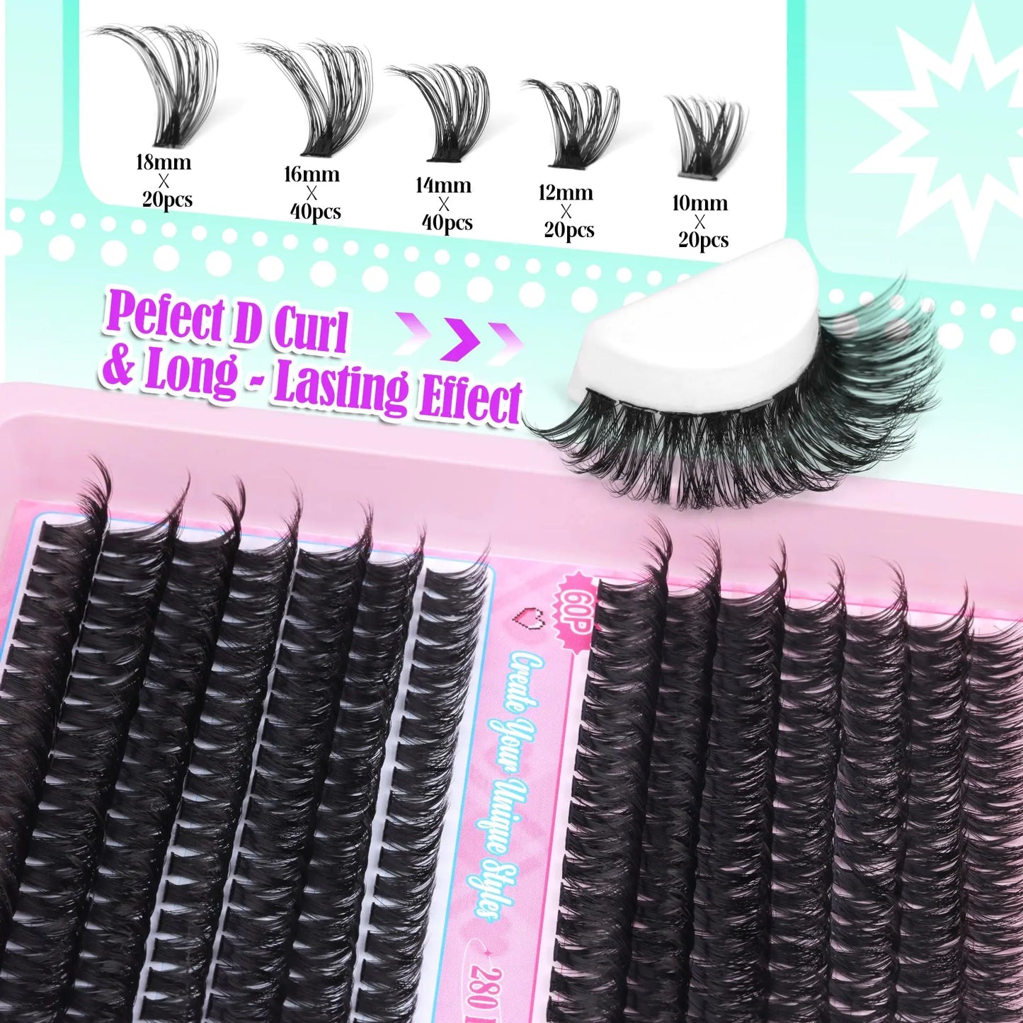 ALICE Eyelash Extensions Lash Clusters 280pcs 10-18MM Wispy Individual Lashes Fluffy Volume Mix 60D 80D D Curl Lash Extensions Self Application at Home G23-60D 80D