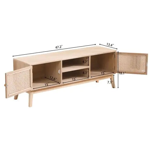 SUPERJARE Boho TV Stand For 55 Inch TV, Entertainment Center With Adjustable Shelf,Real Rattan TV Console With 2 Cabinets, Media Console, Solid Wood Feet, 2 Cord Holes, For Living Room - Natural