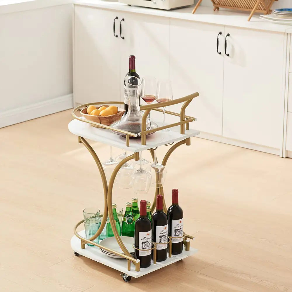 2-Tier Bar Cart With Wine Rack & Glass Holder