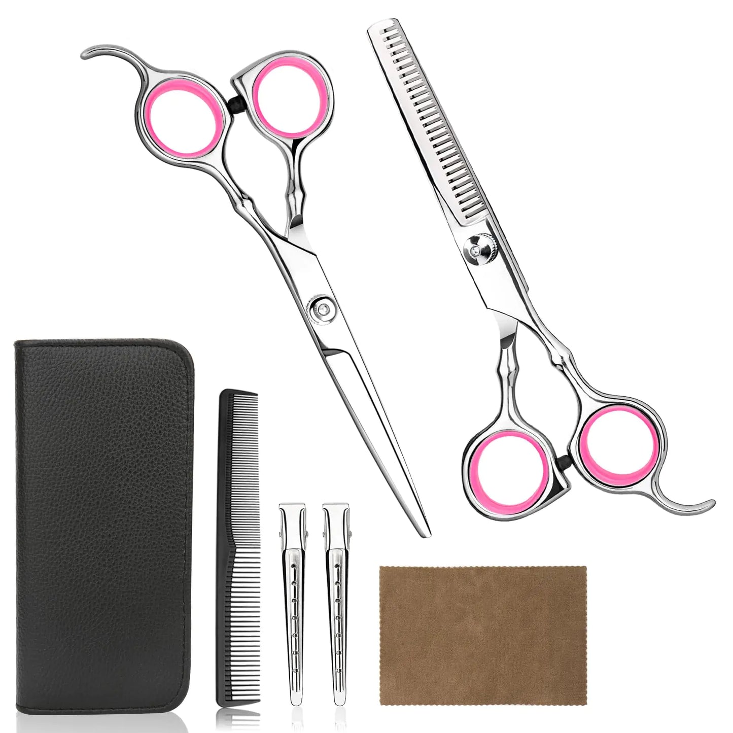 Professional Home Hair Cutting Kit - Quality Home Haircutting Scissors Barber/Salon/Home Thinning Shears Kit with Comb and Case for Men and Women (Pink) Pink