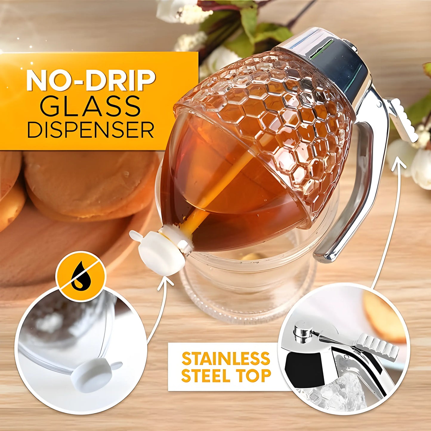 Honeycomb Etched Glass Honey Dispenser